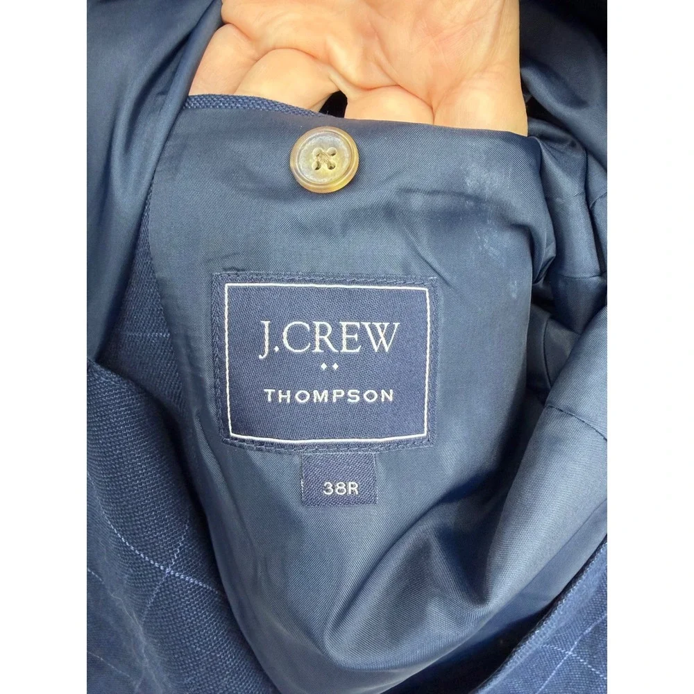 J.Crew Thompson Blazer Mens 38R Navy Blue plaid Linen Cotton Sport Coat H5117